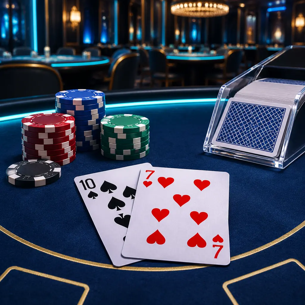 Meja blackjack dengan dua kartu, sepatu kartu, dan cip kasino