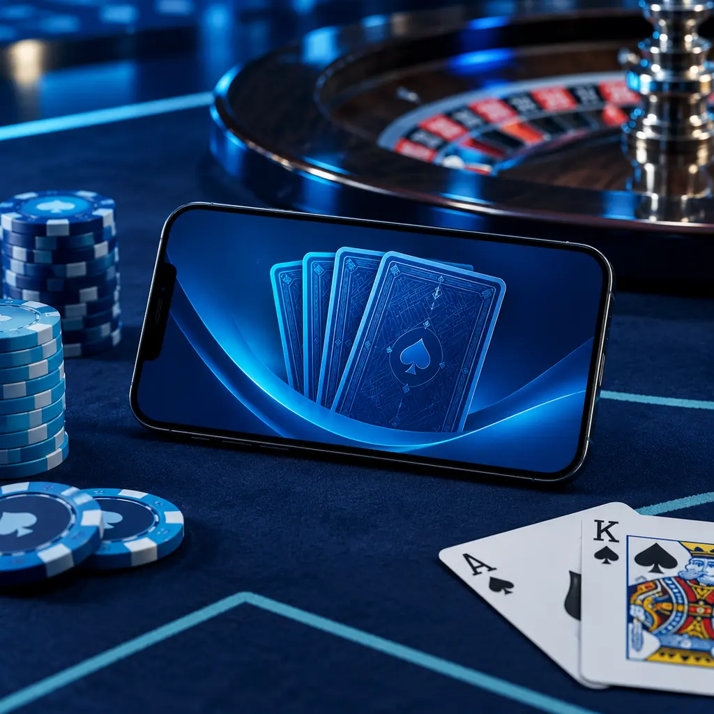 Ponsel dengan susunan kartu kasino di atas meja biru dan roda roulette di belakangnya