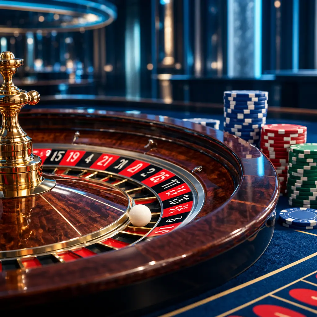 Roda roulette kasino dan bola putih dengan susunan cip di meja biru