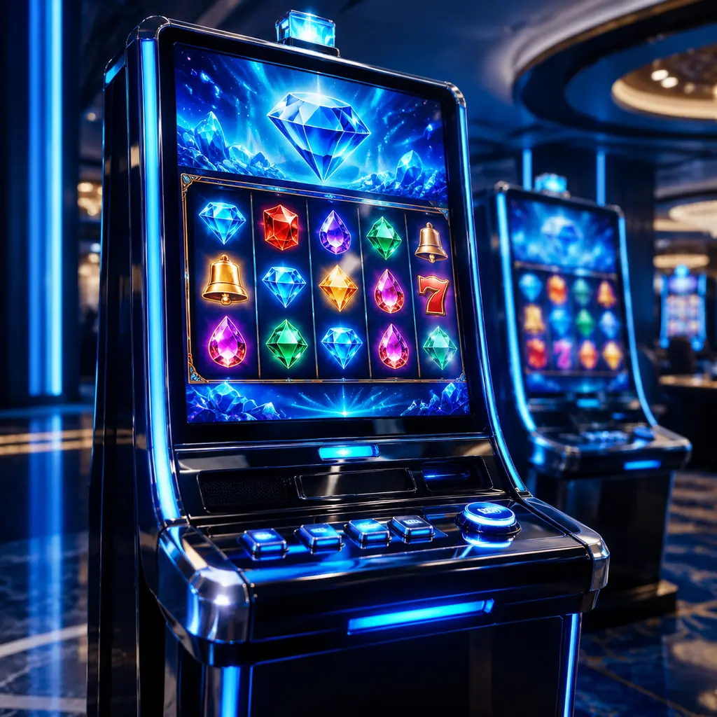 Mesin slot kasino dengan layar bertema permata di ruang biru laut
